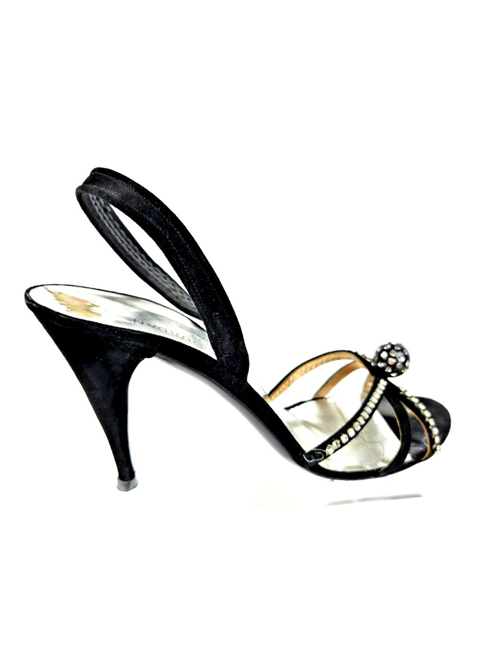 Charles Jourdan Black Suede Rhinestone Slingback Heels 8M Vintage Sandals